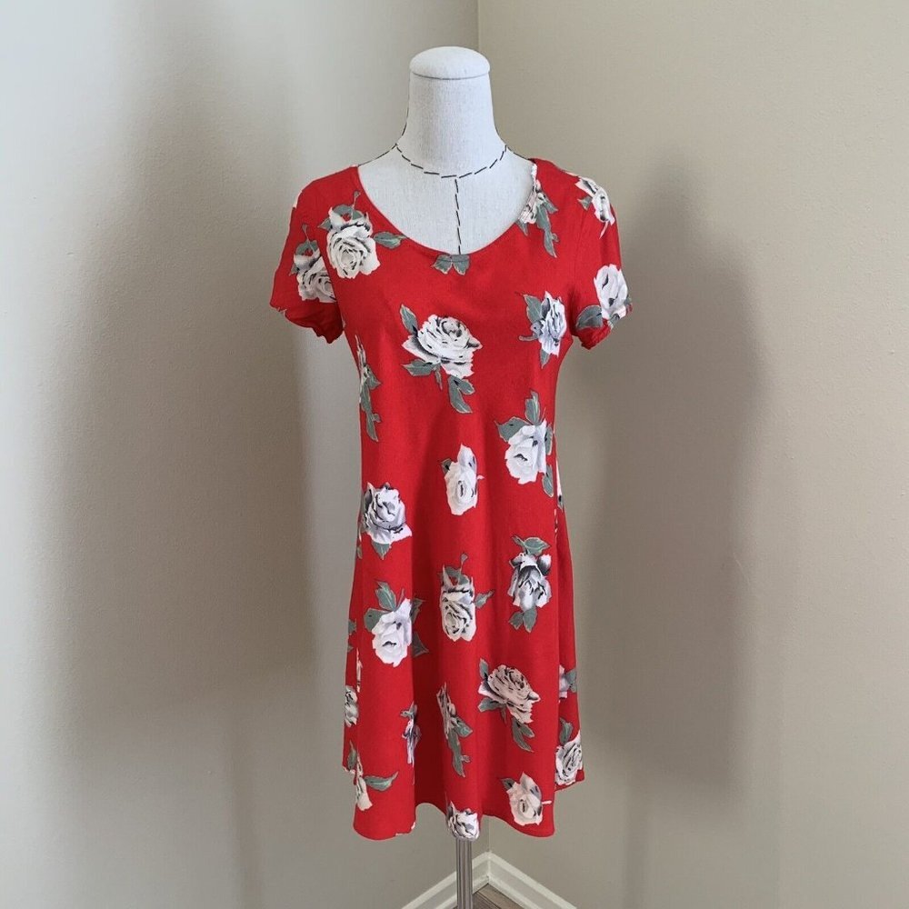 Vintage 90s Y2K Knapp Studio Floral Rose Print Red Mini Babydoll Dress Grunge S